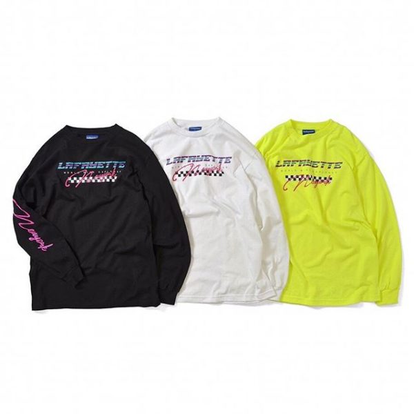 2/9(sat)発売！ ・ Lafayette 2019 Spring/Summer Collection Delivery.2 ・ LFT19SS026　 RACING TEAM LOGO L/S TEE ・ PRICE : 6,000yen+tax ・ COL：BLACK,WHITE,SAFETY GREEN ・ 架空のレーシングチームをイメージしたグラフィックを大胆に落とし込んだロングスリーブTシャツ。チェッカー柄やオリジナルのグラフィックをフロントに配置、存在感を放つピンクのネオンカラーで描かれた「new york」のレタリングロゴをフロントと袖へ大胆にプリント。遊び心のあるデザインコンセプトとビビッドな色使いがスタイリングにエッジを効かせてくれる一枚。 ・