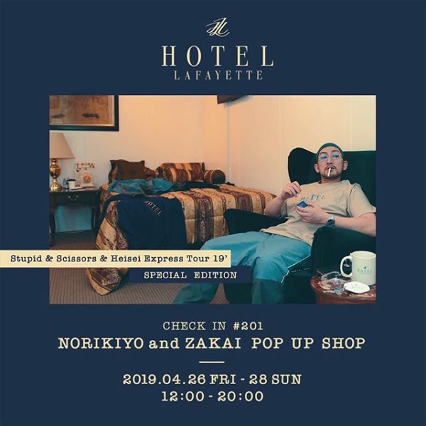 HOTEL Lafayette – CHECK IN No.014 ・ NORIKIYO and ZAKAI pop up Store 日程　4/26(金) ~ 4/28(日) OPEN　11:00〜20:00 ・ 全国ツアー真っ只中のNORIKIYO氏がGW、当ホテルにてチェックイン決定！ 当日は にてZAKAI取り扱い商品の販売とNORIKIYO氏、ZAKAIスタッフの方々による私物の販売。 28日はNORIKIYO氏本人も終日ホテルにてお客様をお出迎え致します。 ではAMES氏、BEAVER氏、FATE氏、JOTA氏、KRESS氏、PHIL氏、PITC氏、RACK氏 による作品を展示。 ・ Lafayetteとのコラボアイテムの発売も決定。ツアー先の物販でリリースされる予定のスペシャルアイテムを チェックイン期間に先行販売いたします！こちらもお見逃しなく。 ・ HP: https://norikiyo.biz/ Twitter: https://twitter.com/norikiyo_info instagram: https://www.instagram.com/norikiyomegane/ ・ HOTEL lafayette 〒220-0073 神奈川県横浜市西区岡野1-16-4 TEL 045-624-8488 ・