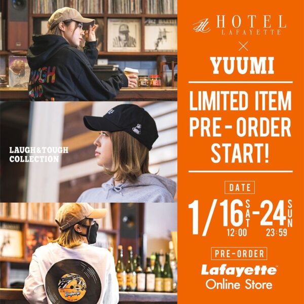 instagramにて幅広い層から絶大な支持を受けるYUUMIとHOTEL Lafayetteがスペシャルコラボレーション！ 第一弾となる今回のコラボはYUUMIの代名詞でもある「LAUGH&TOUGH COLLECTION」と題し、 全面YUUMIディレクションによる特別なコレクションとなっている。 – 1月16日(土)12:00～1月24日(日)23:59迄‬、Lafayette Online Storeにて限定で受注販売。 – 「LAUGH&TOUGH COLLECTION」 以前よりLafayetteと親交のあるYUUMIとHOTEL Lafayetteによるスペシャルパック。 今回はYUUMIのアイデンティティとも言える"LAUGH&TOUGH"や"PANDA"にフィーチャーしたコレクション。 シンプルなHOTELロゴと、かわいらしくポップなデザインがマッチしたアイテムをラインアップ。 – 【受注期間】 1/16(土) 12:00 ～ 1/24(日) 23:59 – 【配送予定】 2月下旬頃 ※生産の都合上、発送が前後する可能性が御座いますので予めご了承ください。 – Lafayette ONLINE STORE : 0466-47-3710  –  ＠hotel_lafayette  –